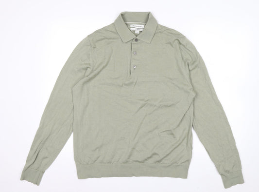 Marks and Spencer Men’s Green Merino Wool Collared Henley Jumper L