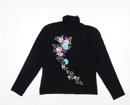 Nygard Collection Women Black Floral Embroidered Roll Neck Jumper M Petites