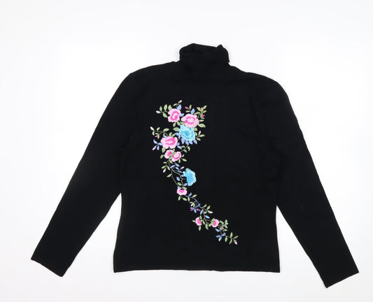 Nygard Collection Women Black Floral Embroidered Roll Neck Jumper M Petites