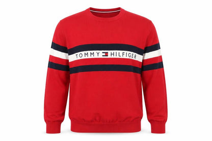 Tommy Hilfiger Men's Red Cotton Crew Neck Striped Pullover Jumper L