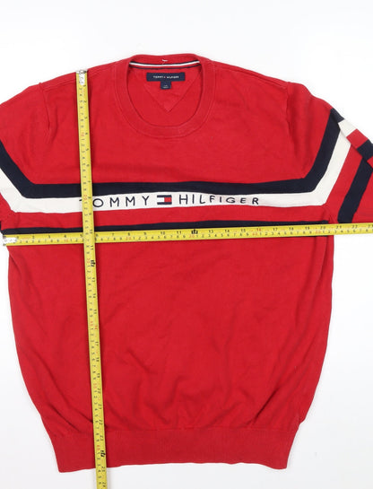Tommy Hilfiger Men's Red Cotton Crew Neck Striped Pullover Jumper L
