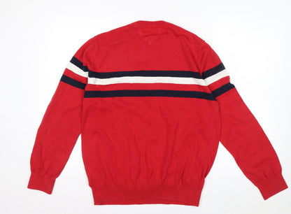 Tommy Hilfiger Men's Red Cotton Crew Neck Striped Pullover Jumper L