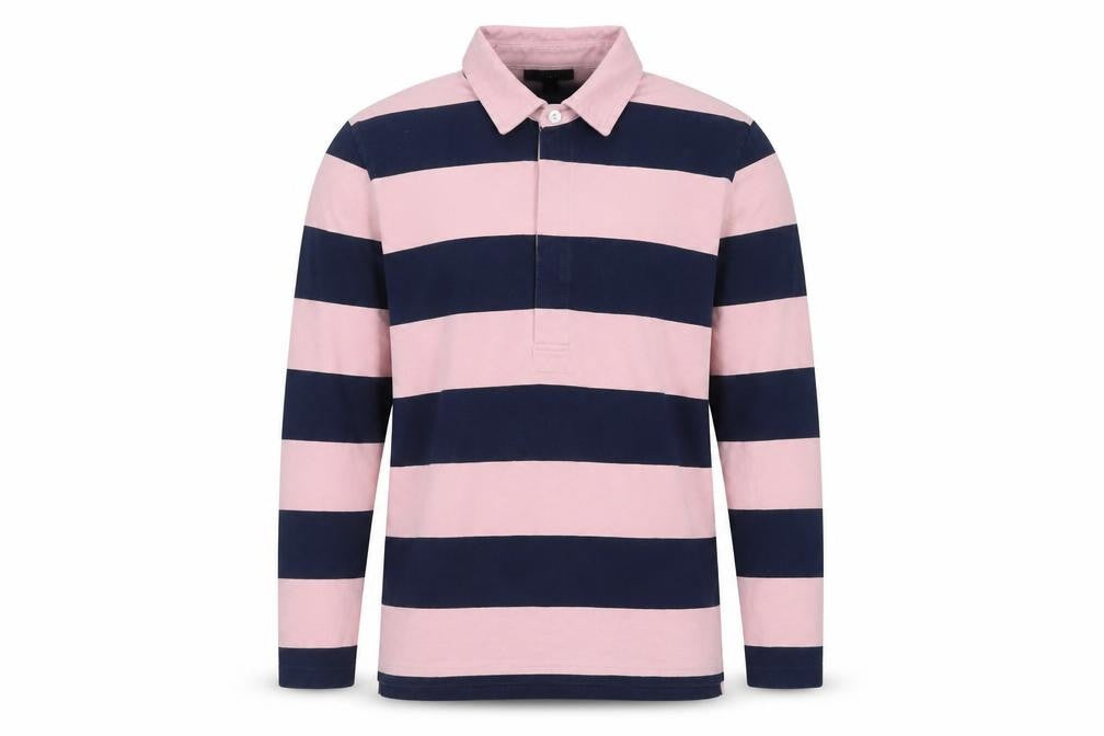 J.Crew Men's Pink and Navy Stripe Long Sleeve Polo XL Cotton