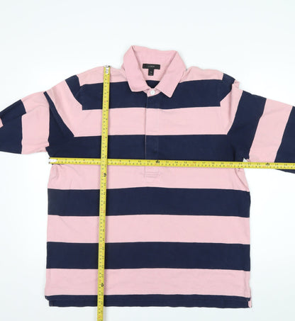 J.Crew Men's Pink and Navy Stripe Long Sleeve Polo XL Cotton