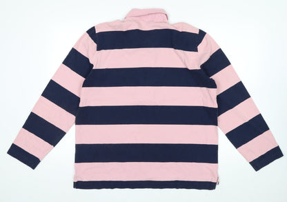 J.Crew Men's Pink and Navy Stripe Long Sleeve Polo XL Cotton