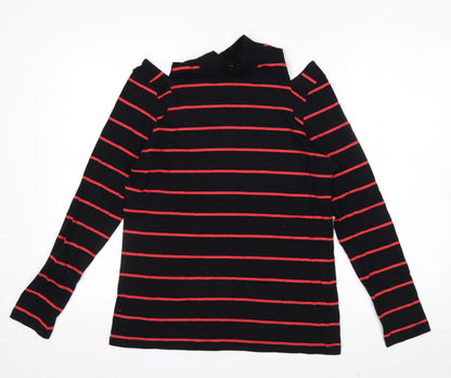 Next Womens Black Red Striped Roll Neck Cold Shoulder Top Size 14