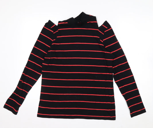 Next Womens Black Red Striped Roll Neck Cold Shoulder Top Size 14