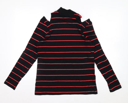 Next Womens Black Red Striped Roll Neck Cold Shoulder Top Size 14