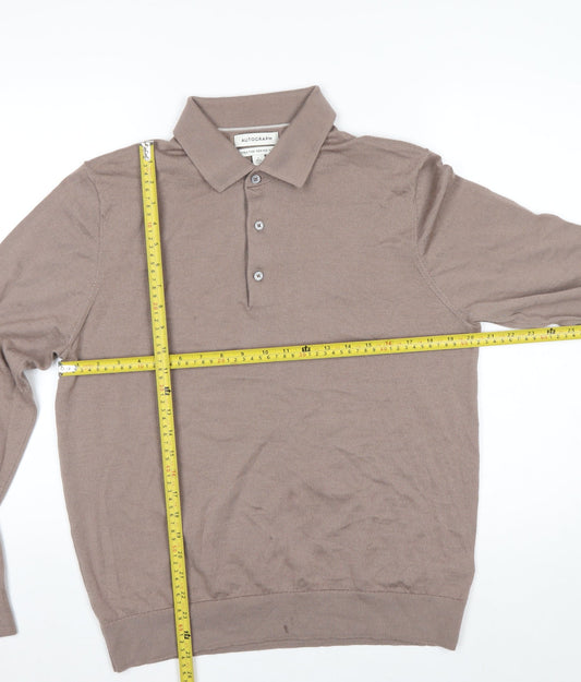 Marks and Spencer Men Brown Merino Wool Collared Henley Jumper L