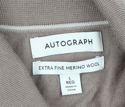 Marks and Spencer Men Brown Merino Wool Collared Henley Jumper L
