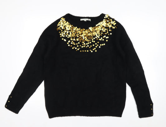 Blancheporte Womens Black Sequin Crew Neck Long Sleeve Jumper Size 12
