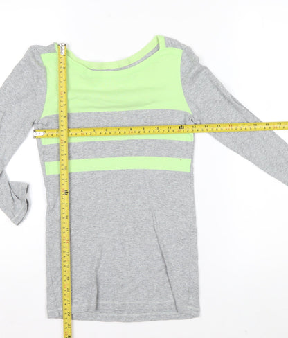Gap Women's Grey and Green Boat Neck Long Sleeve T-Shirt XS