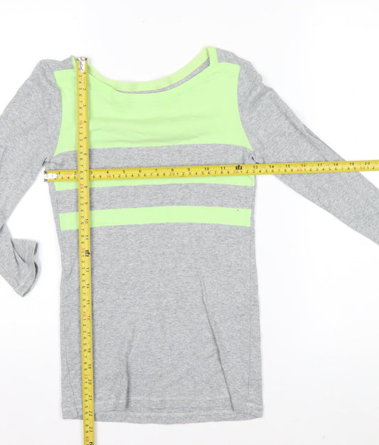 Gap Women's Grey and Green Boat Neck Long Sleeve T-Shirt XS