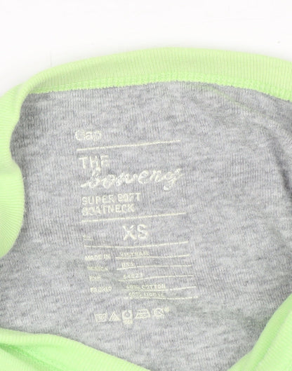 Gap Women's Grey and Green Boat Neck Long Sleeve T-Shirt XS