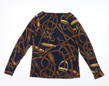 Ralph Lauren Women's Blue Equestrian Print Long Sleeve Cotton Top Size L