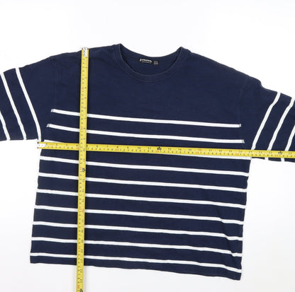 Stradivarius Women Navy Blue Stripe Pullover Sweatshirt Size 12