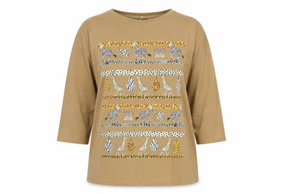 Jouly Women Brown Animal Print Long Sleeve Vintage T-Shirt One Size