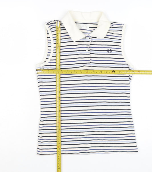Fred Perry Womens White Blue Striped Sleeveless Polo Shirt UK 12