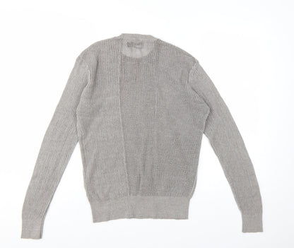 AllSaints Men's Grey Cotton Open-Knit Crew Neck Jumper Size S