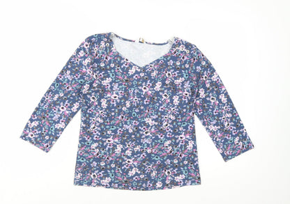 Cotton Traders Womens Blue Floral 3/4 Sleeve V-Neck Cotton T-Shirt Size 10