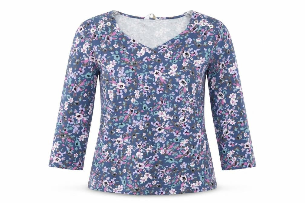Cotton Traders Womens Blue Floral 3/4 Sleeve V-Neck Cotton T-Shirt Size 10