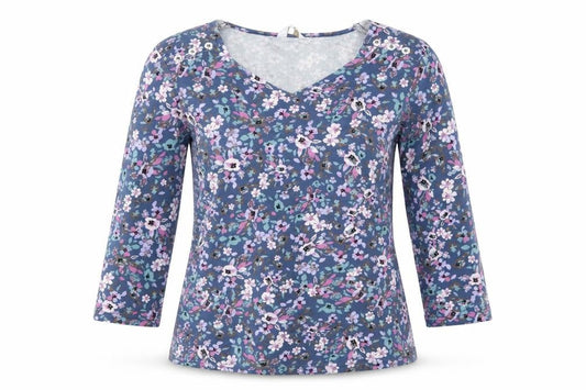 Cotton Traders Womens Blue Floral 3/4 Sleeve V-Neck Cotton T-Shirt Size 10