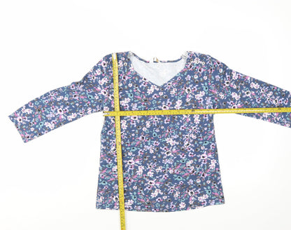 Cotton Traders Womens Blue Floral 3/4 Sleeve V-Neck Cotton T-Shirt Size 10