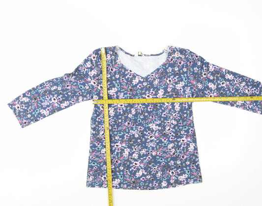 Cotton Traders Womens Blue Floral 3/4 Sleeve V-Neck Cotton T-Shirt Size 10