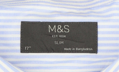 Marks and Spencer Men’s Blue Striped Slim Fit Long Sleeve Shirt Size 17