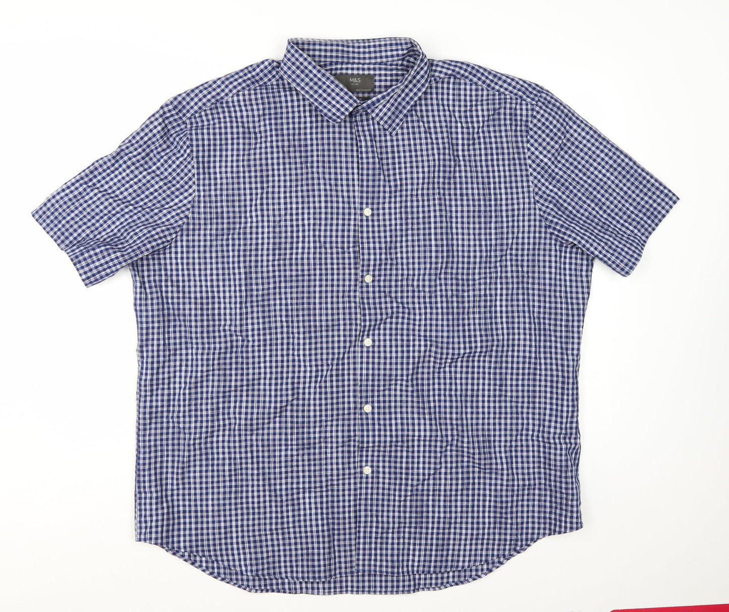 Marks and Spencer Men's Blue Check Short Sleeve Button-Up Shirt 3XL