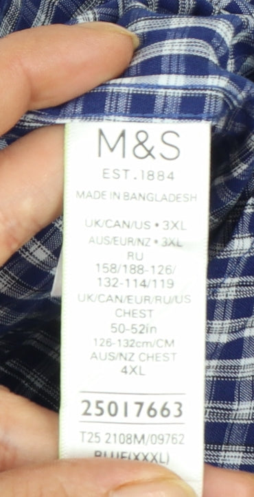 Marks and Spencer Men's Blue Check Short Sleeve Button-Up Shirt 3XL