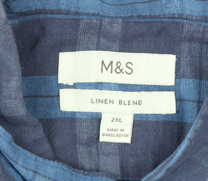 Marks and Spencer Men’s Blue Check Linen Blend Button-Up Shirt 2XL