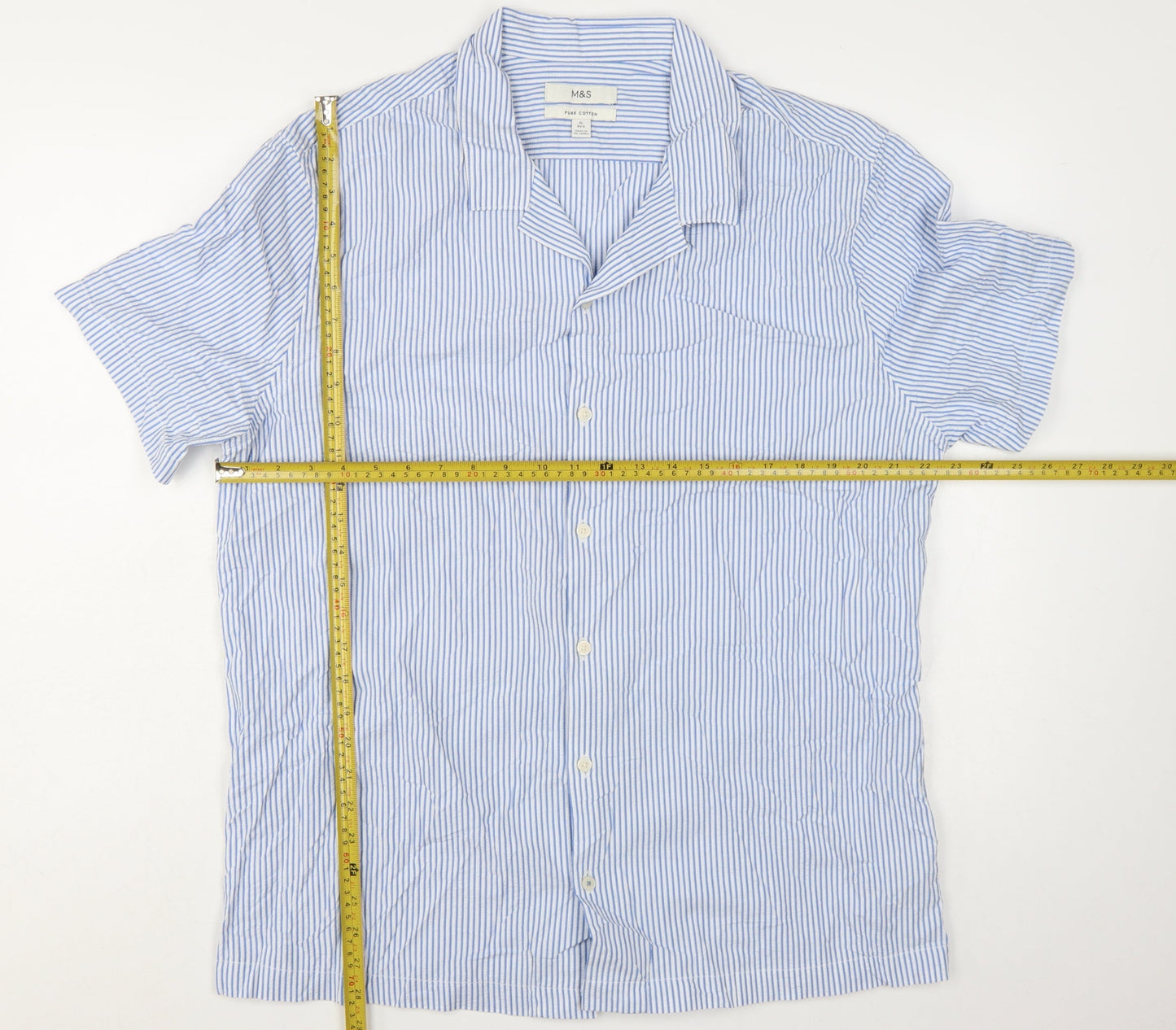 Marks and Spencer Men's Blue Striped Short Sleeve Cotton Button-Up Shirt XL