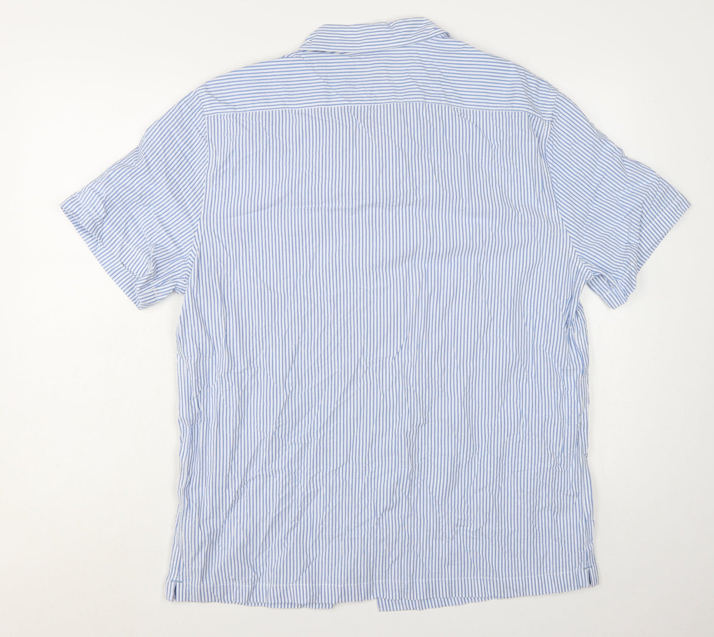 Marks and Spencer Men's Blue Striped Short Sleeve Cotton Button-Up Shirt XL