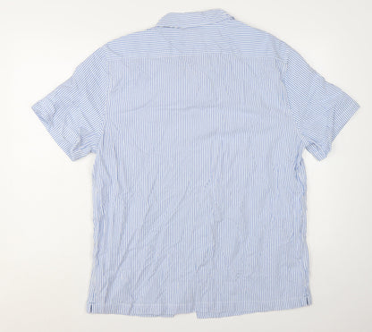 Marks and Spencer Men's Blue Striped Short Sleeve Cotton Button-Up Shirt XL