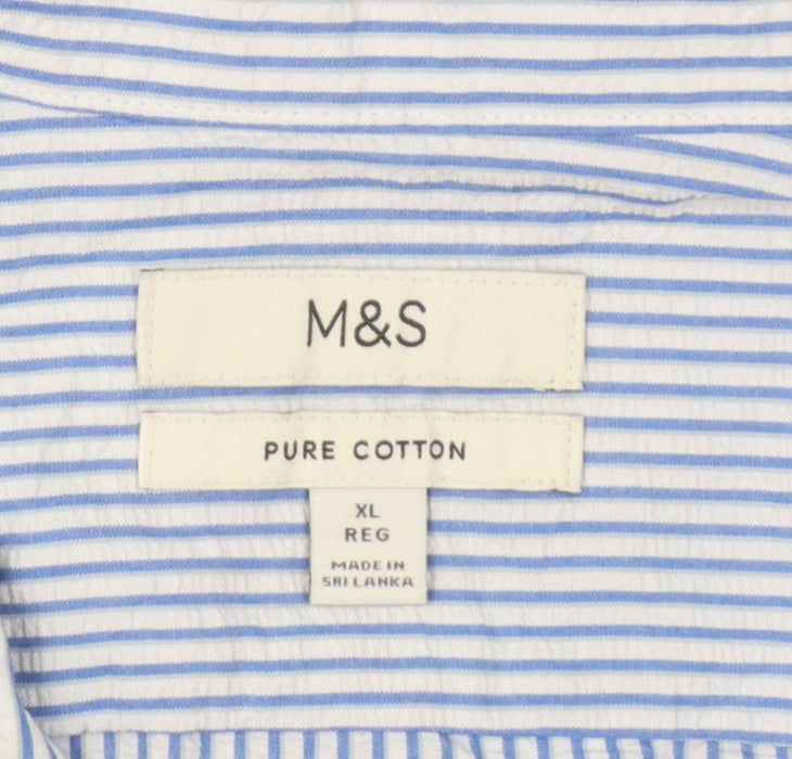 Marks and Spencer Men's Blue Striped Short Sleeve Cotton Button-Up Shirt XL