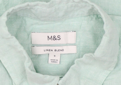 Marks and Spencer Men's Mint Green Linen Blend Short Sleeve Button-Up Shirt Size S