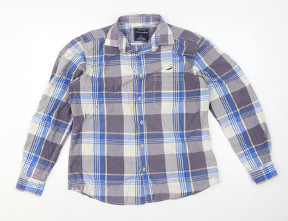 Crocodile Men's Blue Check Cotton Long Sleeve Button-Up Shirt L