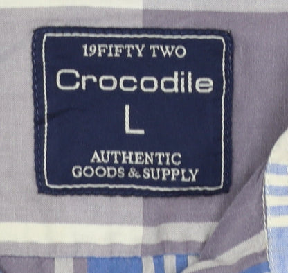 Crocodile Men's Blue Check Cotton Long Sleeve Button-Up Shirt L
