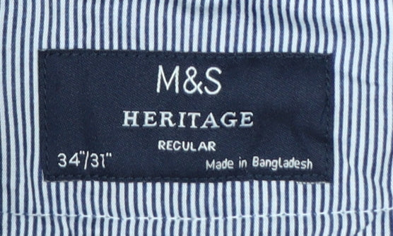 Marks and Spencer Men's Blue Heritage Regular Fit Chino Trousers 34W 31L