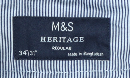 Marks and Spencer Men's Blue Heritage Regular Fit Chino Trousers 34W 31L