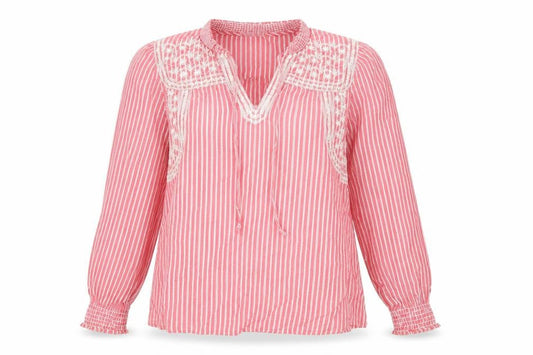 Fat Face Women’s Pink Striped Embroidered Cotton V-Neck Boho Blouse UK 6