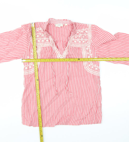 Fat Face Women’s Pink Striped Embroidered Cotton V-Neck Boho Blouse UK 6