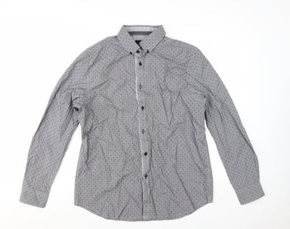 Jeff Banks Men’s Grey Geometric Long Sleeve Cotton Button-Up Shirt L