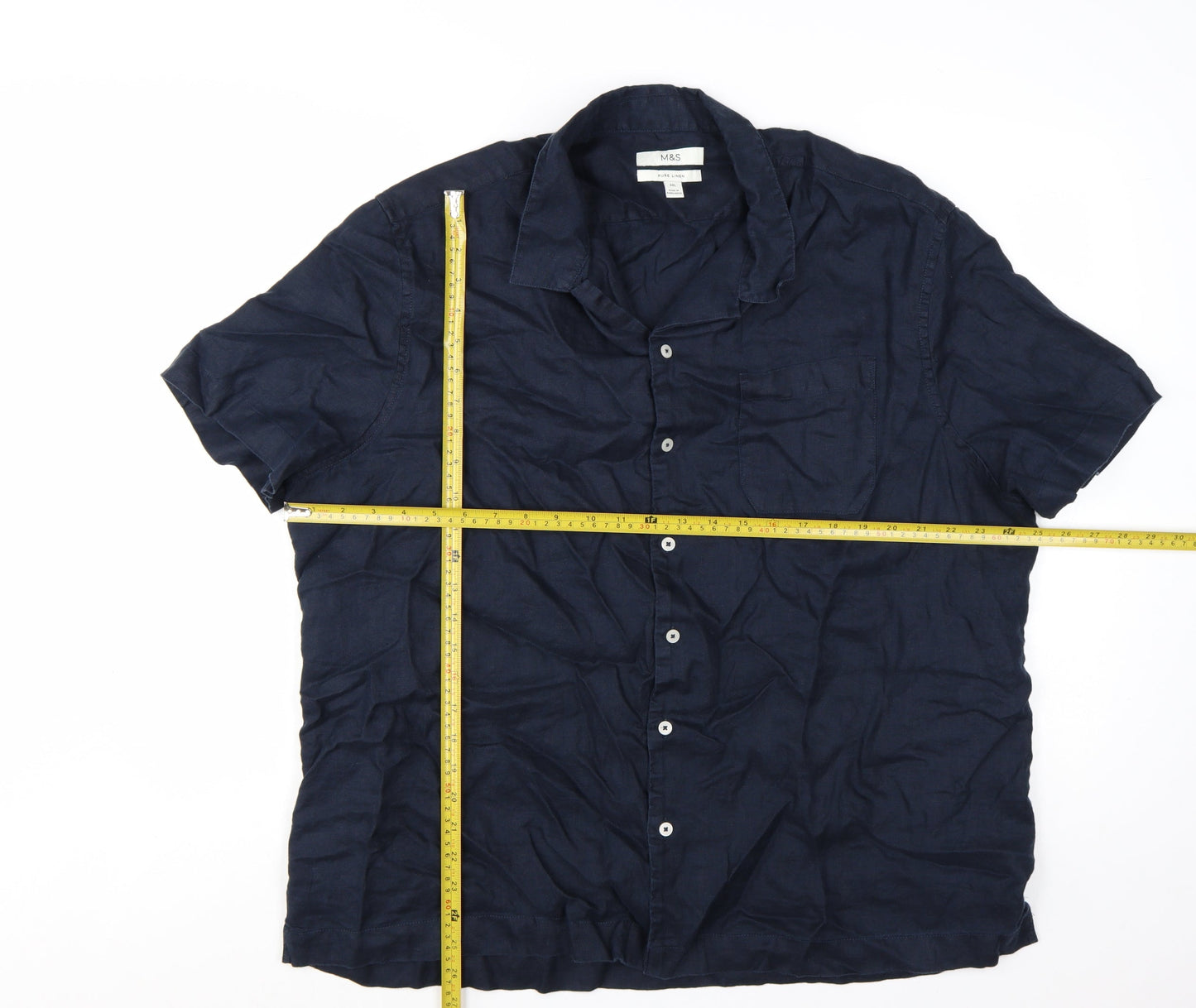 Marks and Spencer Men's Blue Linen Short Sleeve Button-Up Shirt 2XL Regular Fit