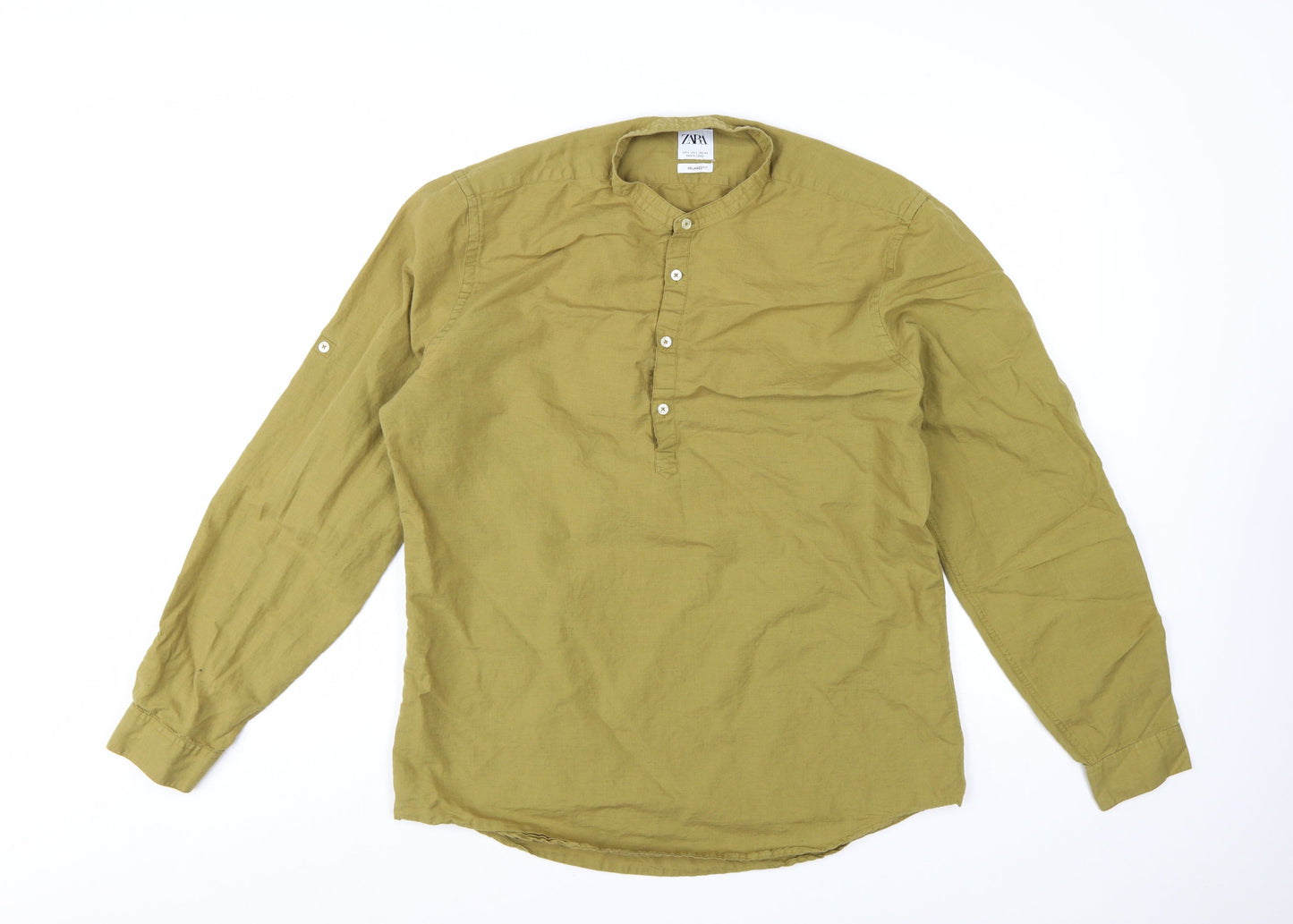 Zara Men Green Linen Relaxed Fit Long Sleeve Henley Shirt Size L