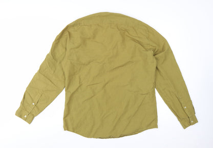 Zara Men Green Linen Relaxed Fit Long Sleeve Henley Shirt Size L