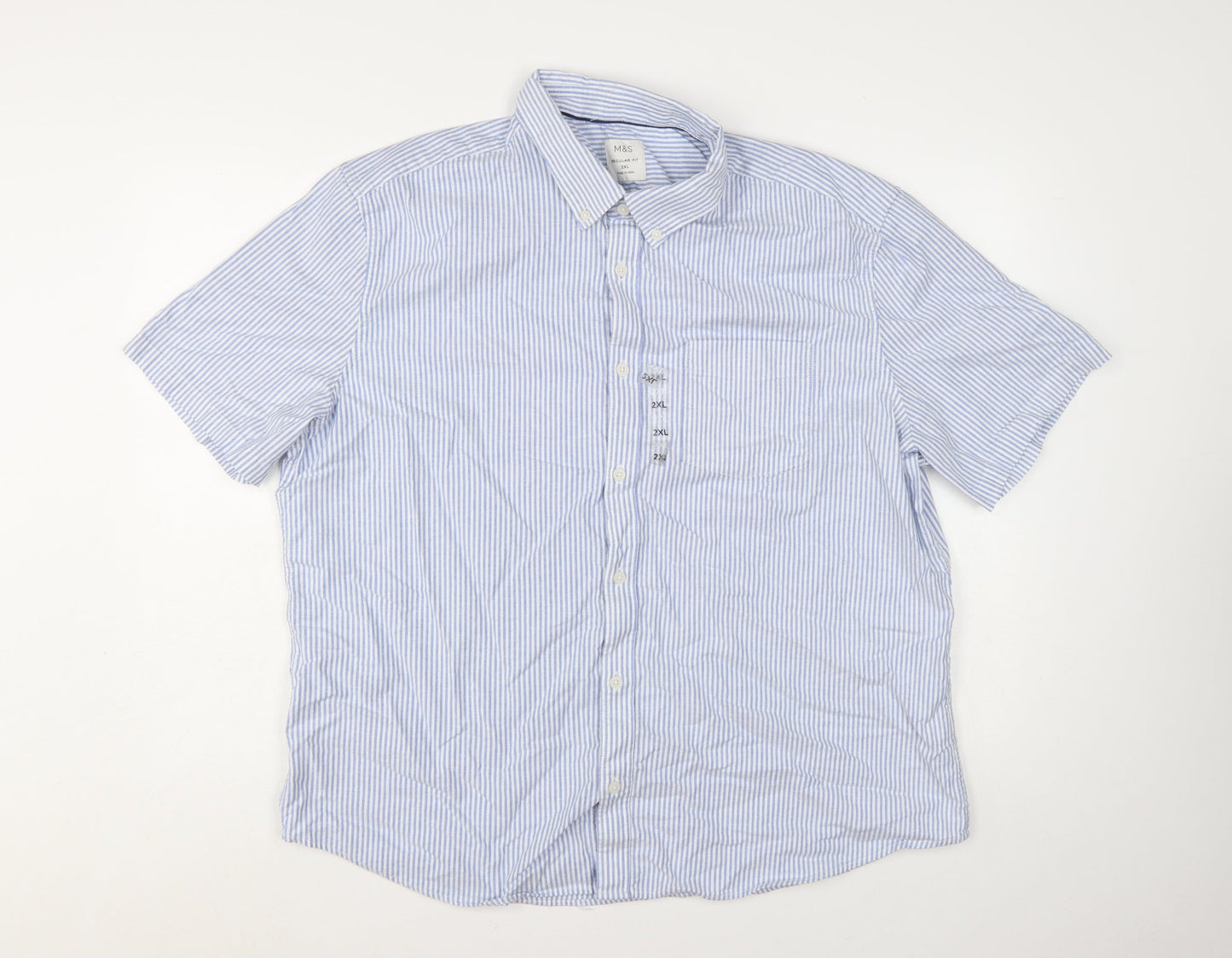 Marks and Spencer Men's Blue Striped 2XL Regular Fit Short Sleeve Cotton Button-Up Shirt