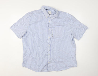 Marks and Spencer Men's Blue Striped 2XL Regular Fit Short Sleeve Cotton Button-Up Shirt