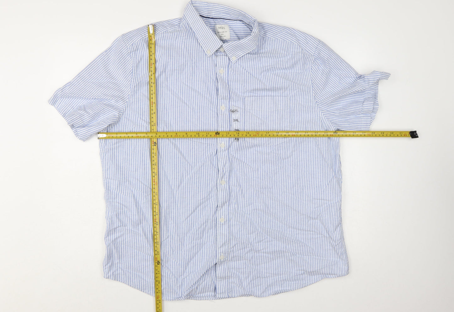 Marks and Spencer Men's Blue Striped 2XL Regular Fit Short Sleeve Cotton Button-Up Shirt